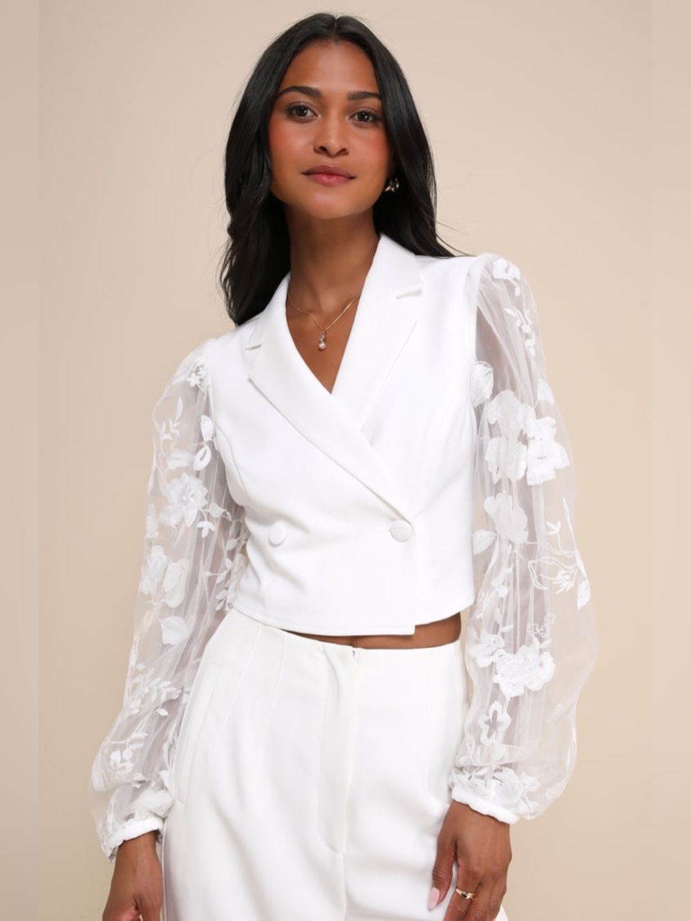 Lulus Exquisitely Stylish White Cropped Sheer Balloon Sleeve Blazer